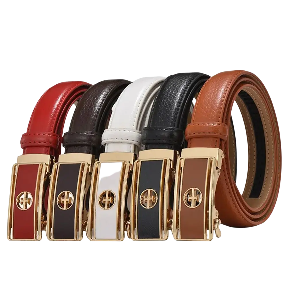 Women genuine leather automatic buckle belts in red black white dark brown and tan with gold-toned rectangular buckle