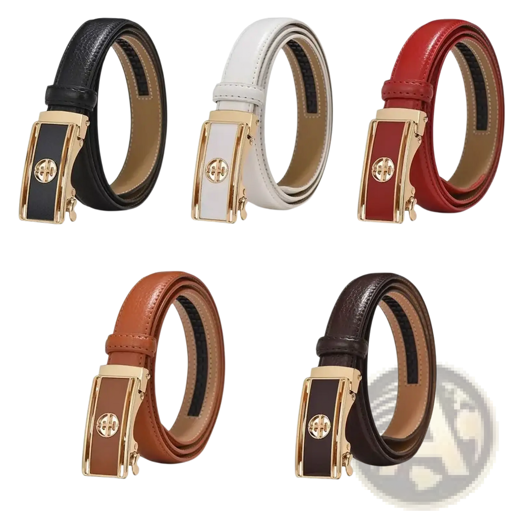 Women genuine leather automatic buckle belts in black white red orange and brown with gold-tone circular logo buckles