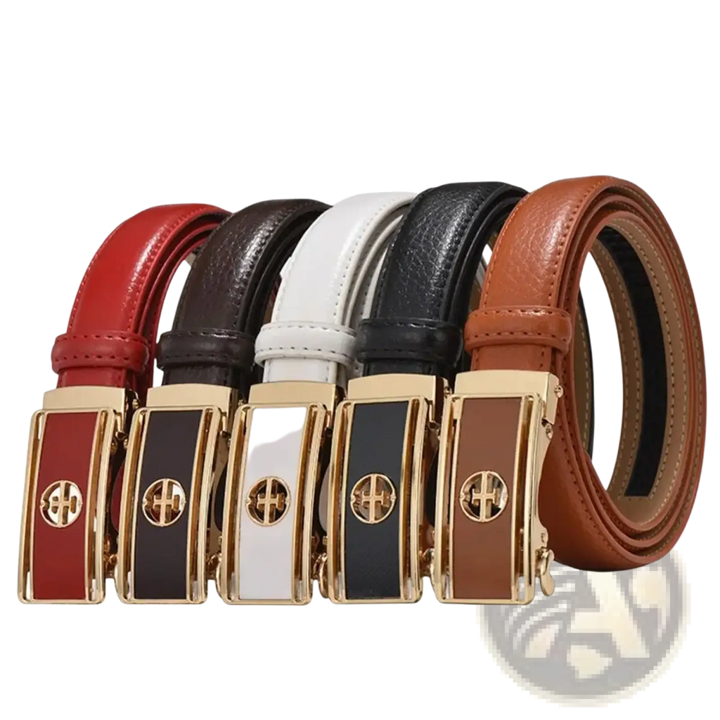 Women genuine leather automatic buckle belts in red black white dark brown and tan with gold-toned rectangular buckle