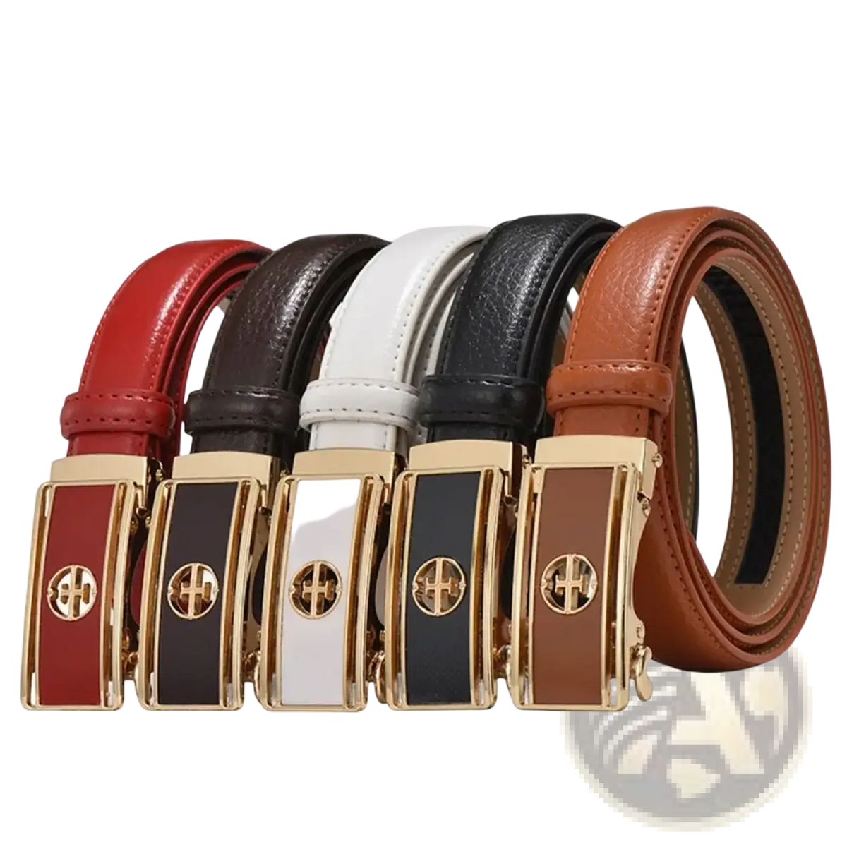 Women genuine leather automatic buckle belts in red black white dark brown and tan with gold-toned rectangular buckle