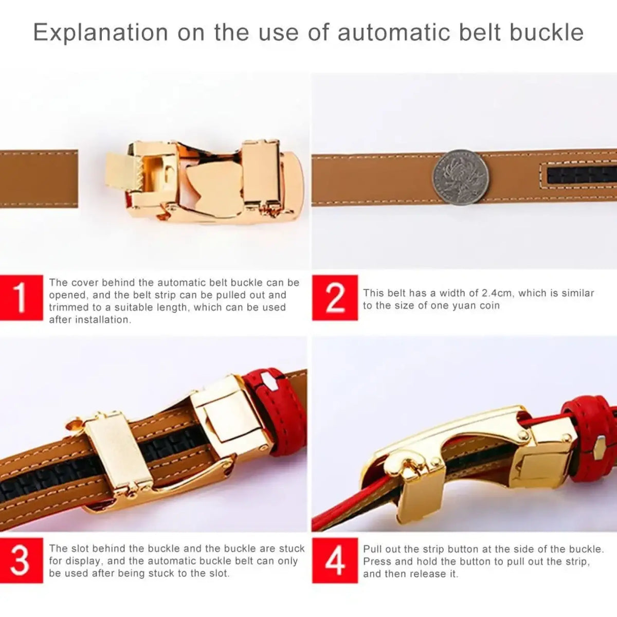 Women genuine leather automatic buckle belt with gold-toned buckle brown strap and red accent stitching