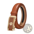 Brown leather women genuine leather automatic buckle belt with gold-tone embossed logo buckle