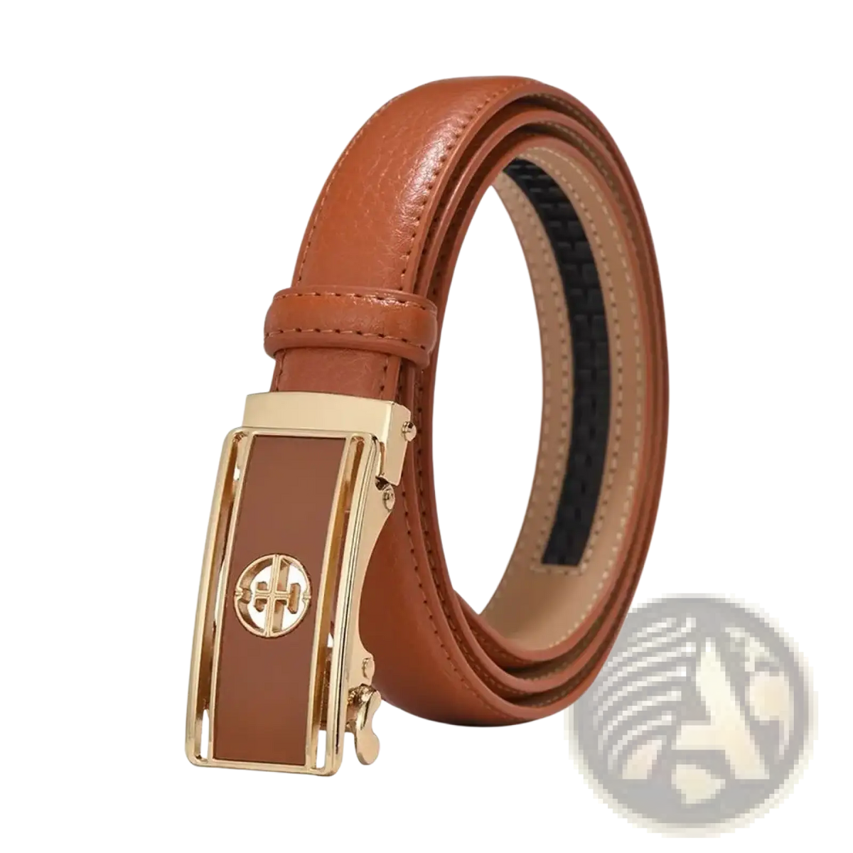 Brown leather women genuine leather automatic buckle belt with gold-tone embossed logo buckle