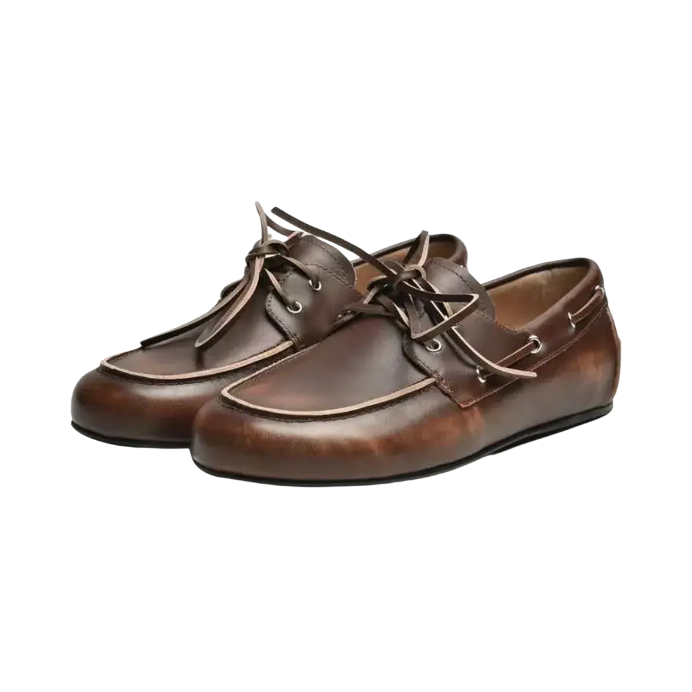 Women genuine leather boat shoes in brown with tan stitching and laces for casual and nautical wear
