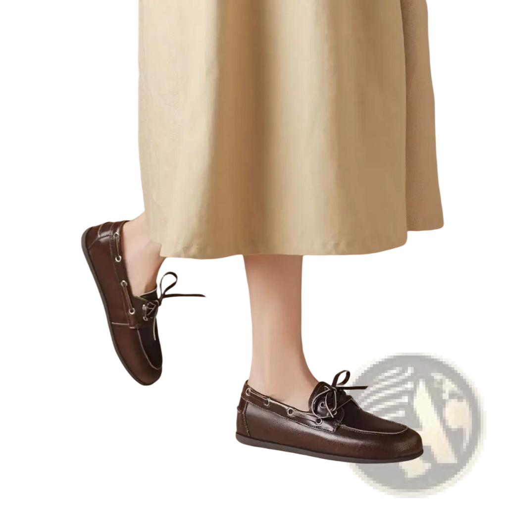 Women genuine leather boat shoes in brown with black laces and silver eyelets for casual wear