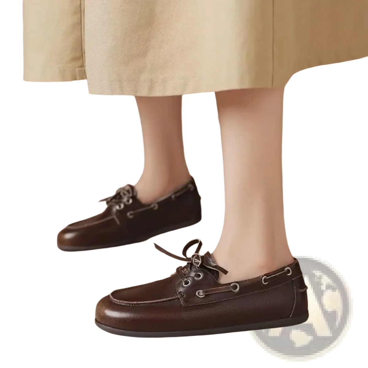 Women genuine leather boat shoes in brown with dark laces and silver eyelets for casual and nautical wear