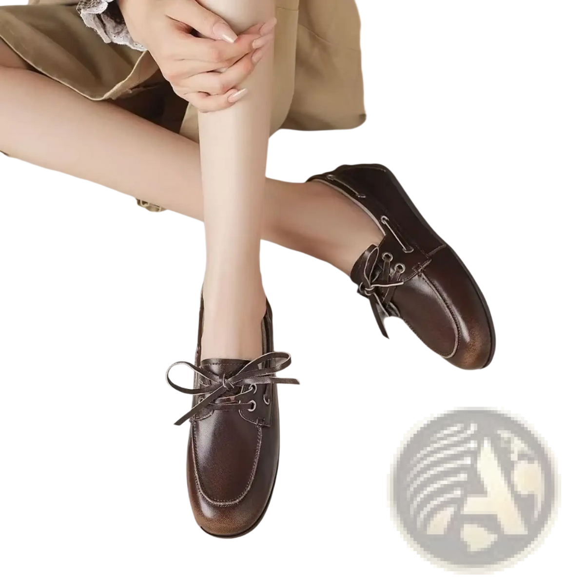 Women genuine leather boat shoes in brown with lace-up design and polished leather finish