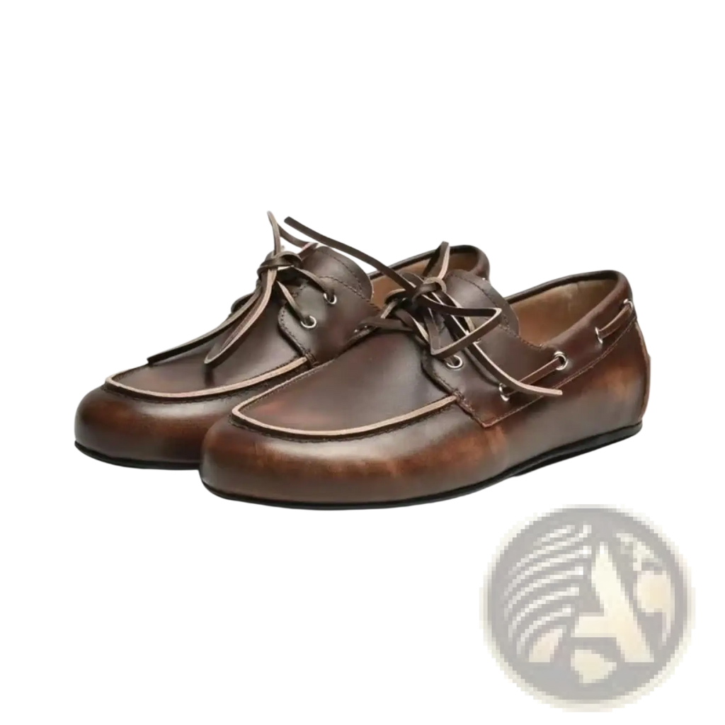 Women genuine leather boat shoes in brown with tan stitching and laces for casual and nautical wear
