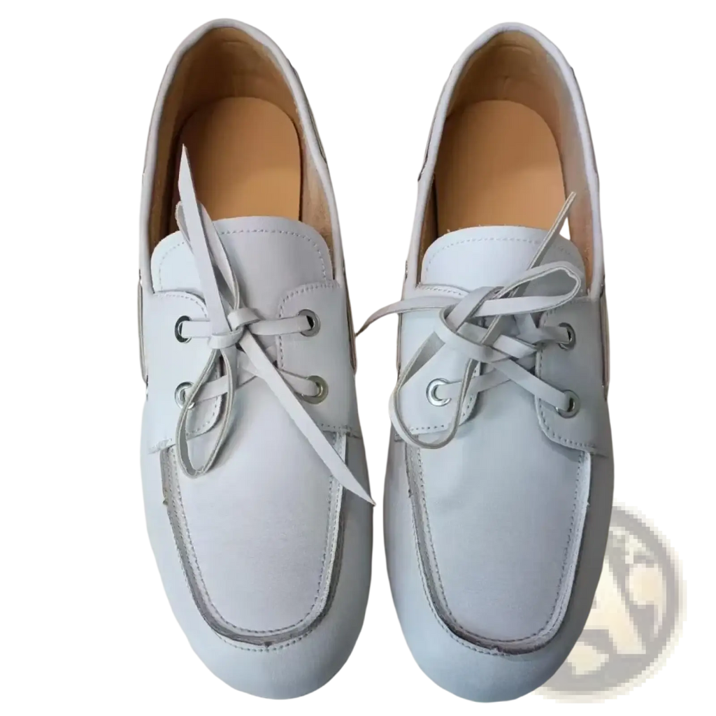 Women genuine leather boat shoes in white with matching laces and silver eyelets crafted from genuine leather