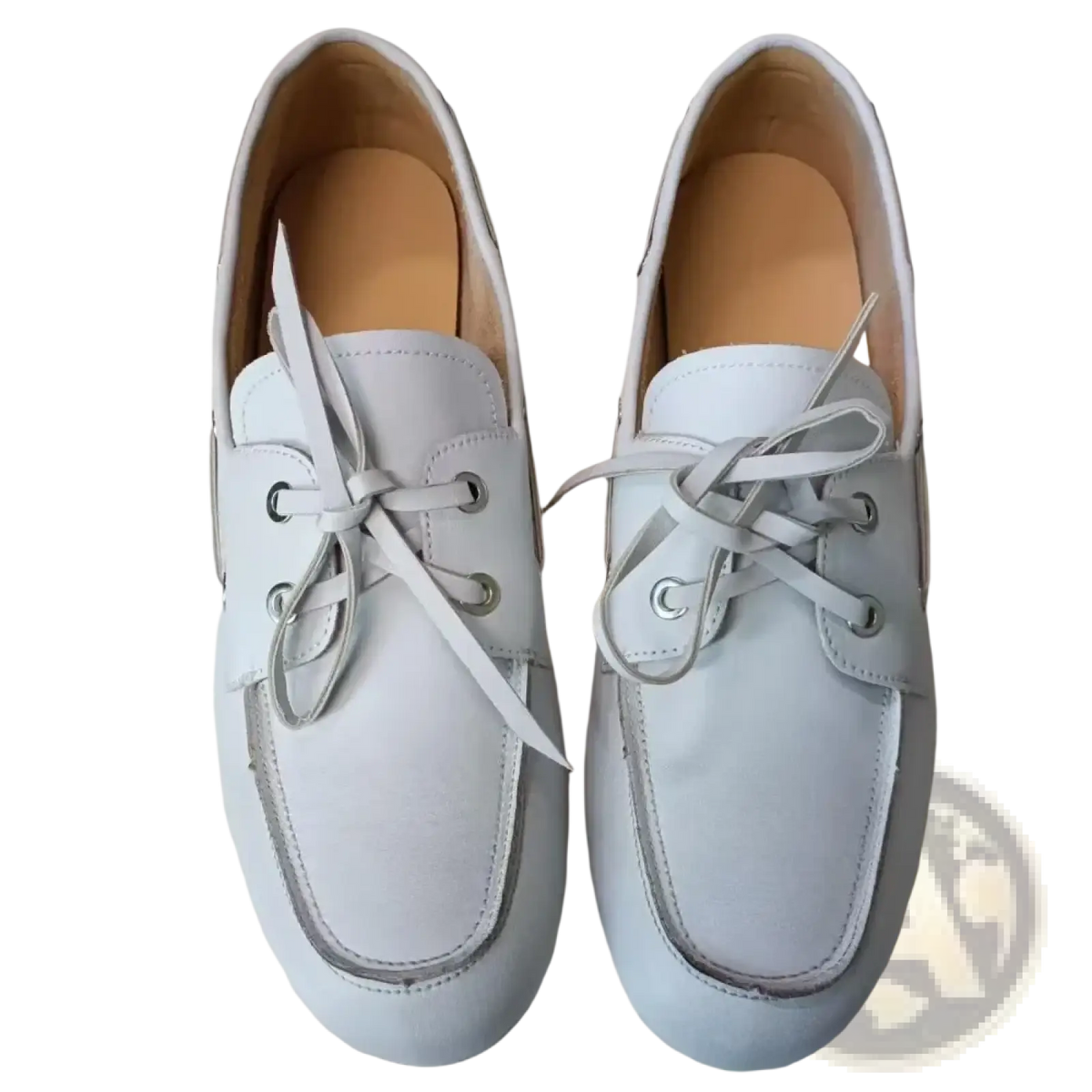 Women genuine leather boat shoes in white with matching laces and silver eyelets crafted from genuine leather