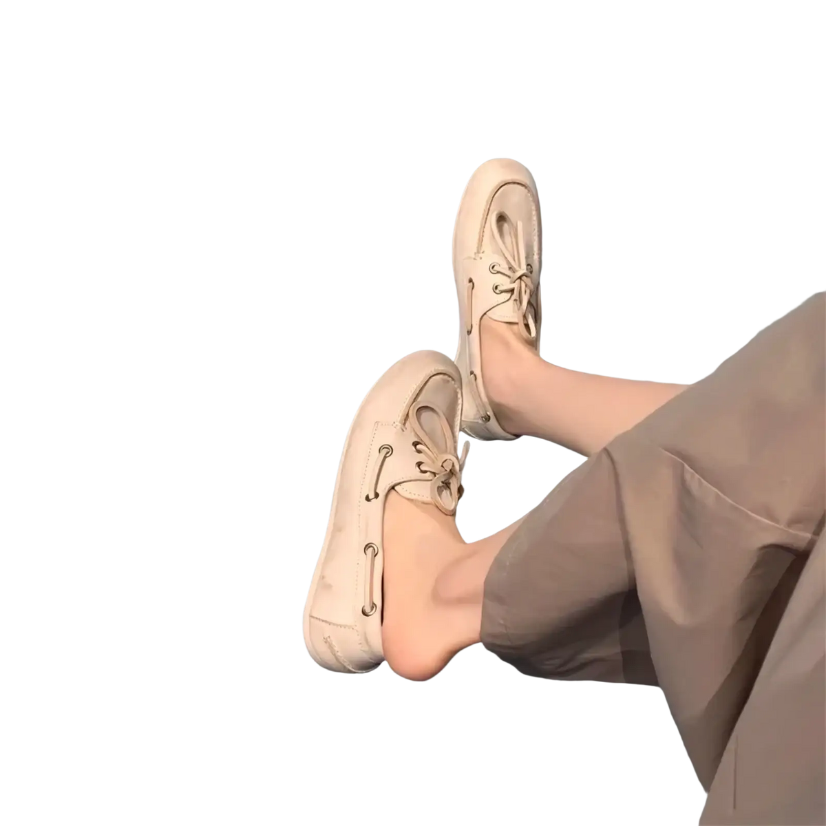 Beige genuine leather women lace up loafers with flat sole and rounded toe in a mule design