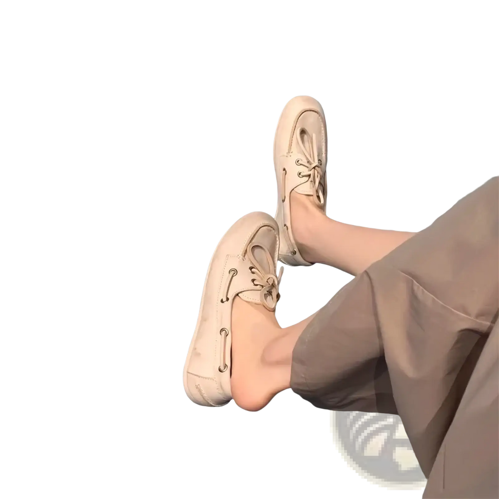 Beige genuine leather women lace up loafers with flat sole and rounded toe in a mule design