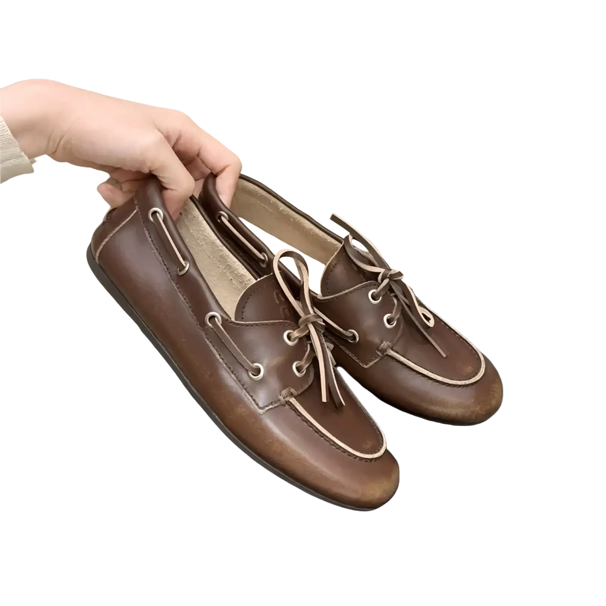 Women genuine leather lace up loafers in brown with light-colored laces and detailed stitching accents
