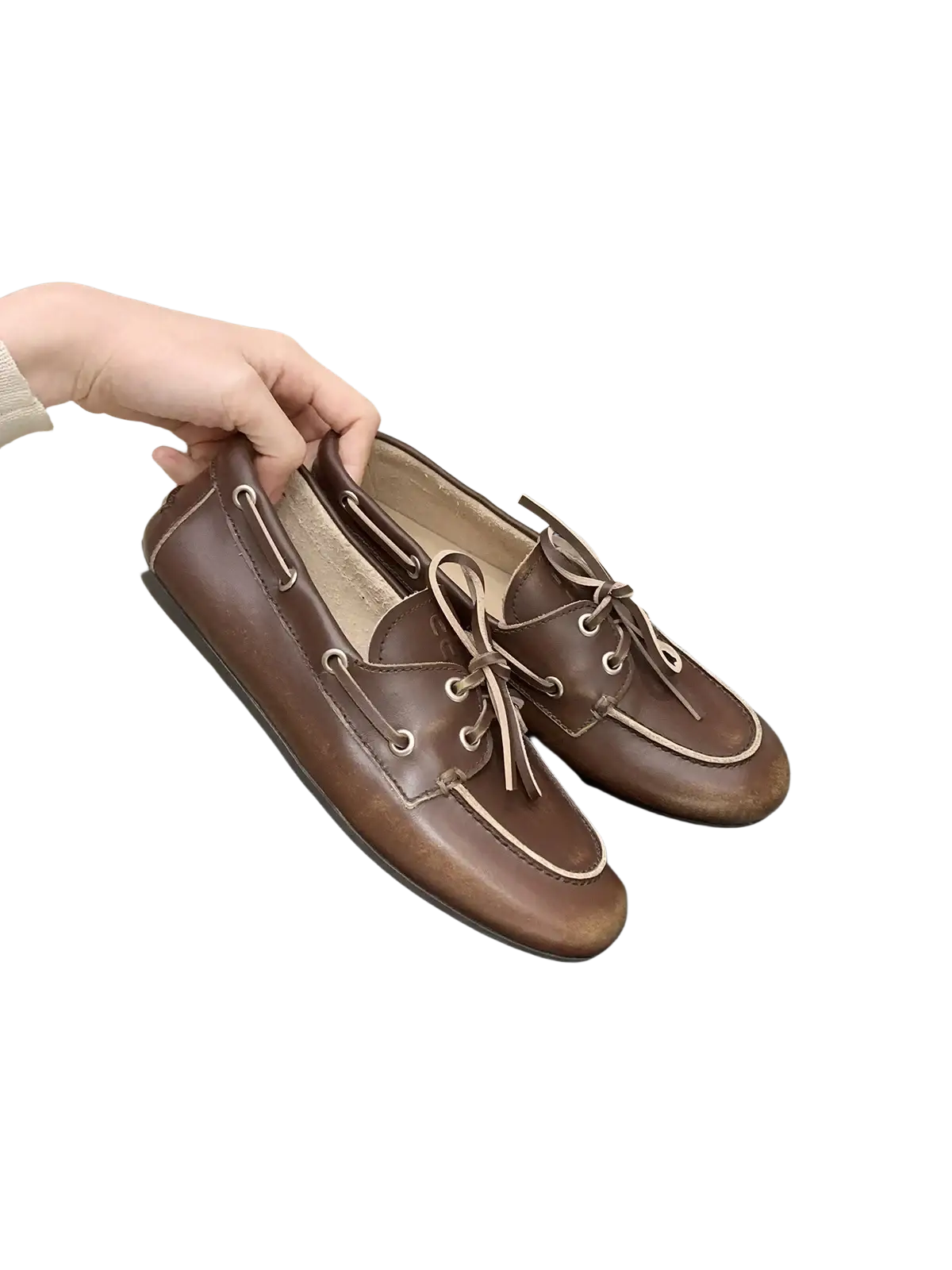 Women genuine leather lace up loafers in brown with light-colored laces and stitching for stylish comfort