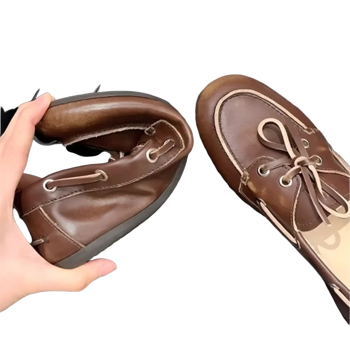 Women genuine leather lace up loafers in brown with light-colored laces and stitching designed as boat shoes