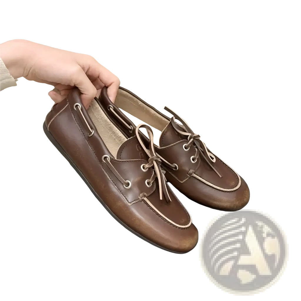 Women genuine leather lace up loafers in brown with light-colored laces and detailed stitching accents