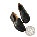 Women genuine leather slip-on flats in black with a smooth matte finish and subtle stitching details