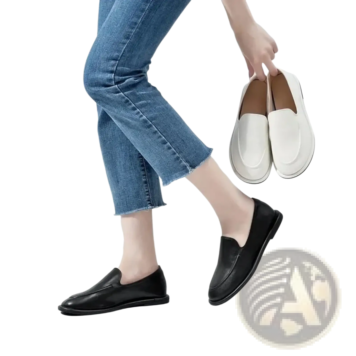 Women genuine leather slip-on flats featuring black leather with a sleek minimalist design and contrasting white soles