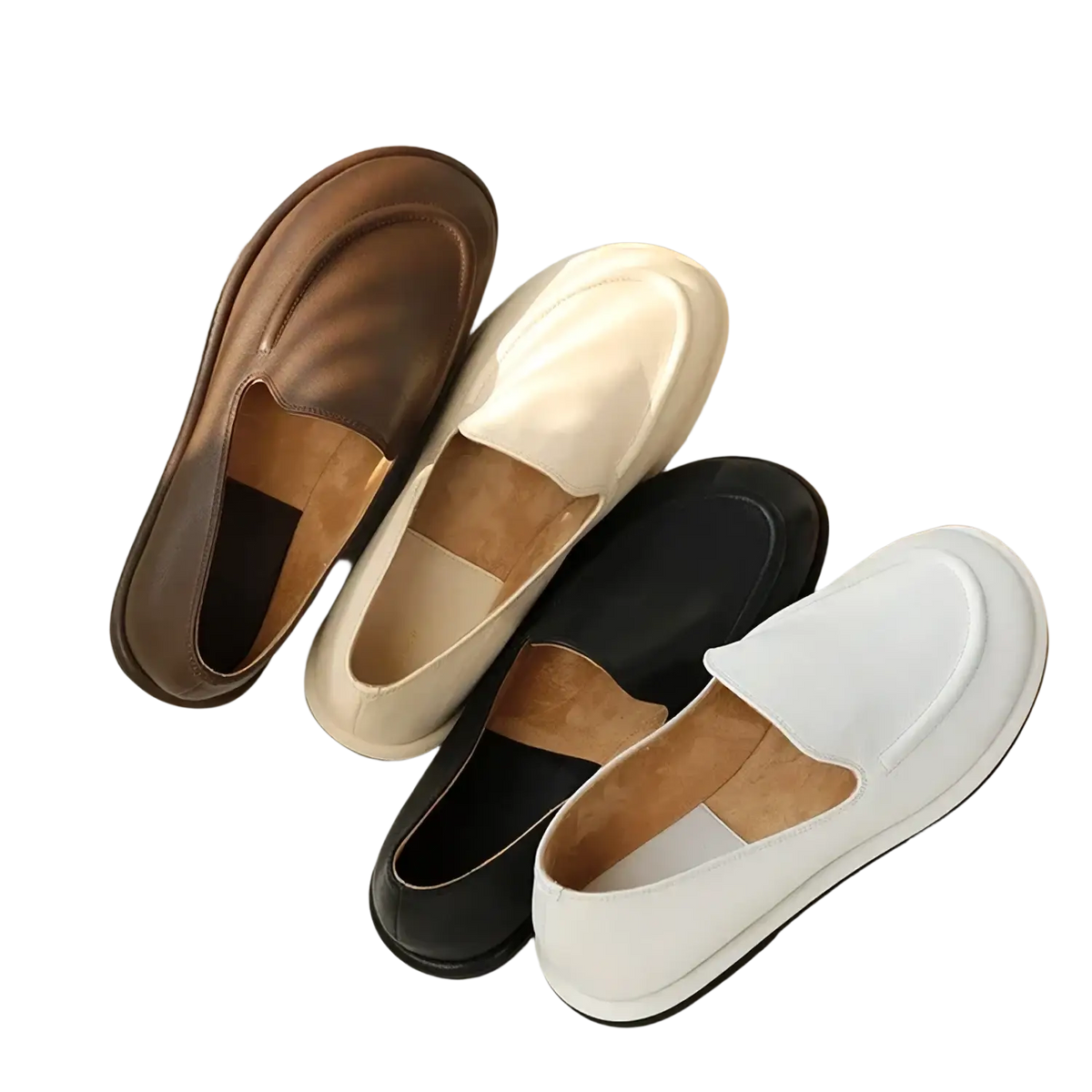 Women genuine leather slip-on flats in brown cream black and white with soft suede lining for comfortable wear