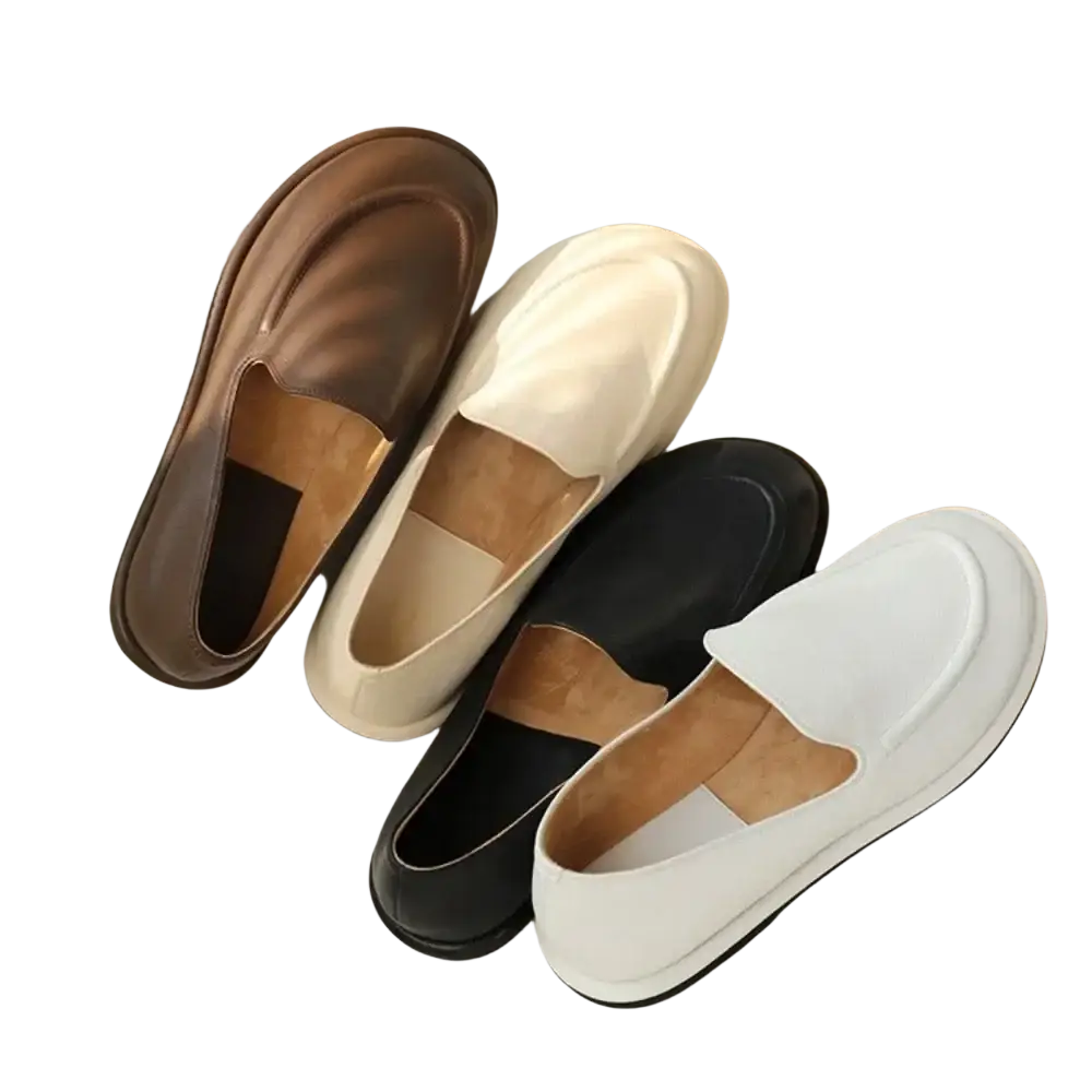Women genuine leather slip-on flats featuring brown cream black and white minimalist leather loafers