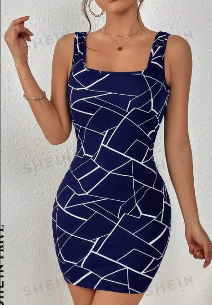 A navy blue sleeveless bodycon dress with white geometric print and square neckline for elegant occasions