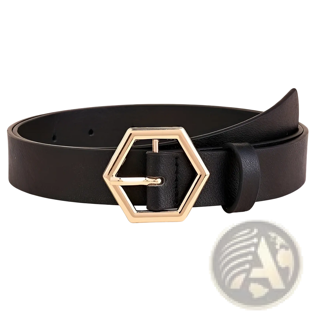 Black leather women belt with gold hexagon buckle made of pu leather for stylish accessorizing
