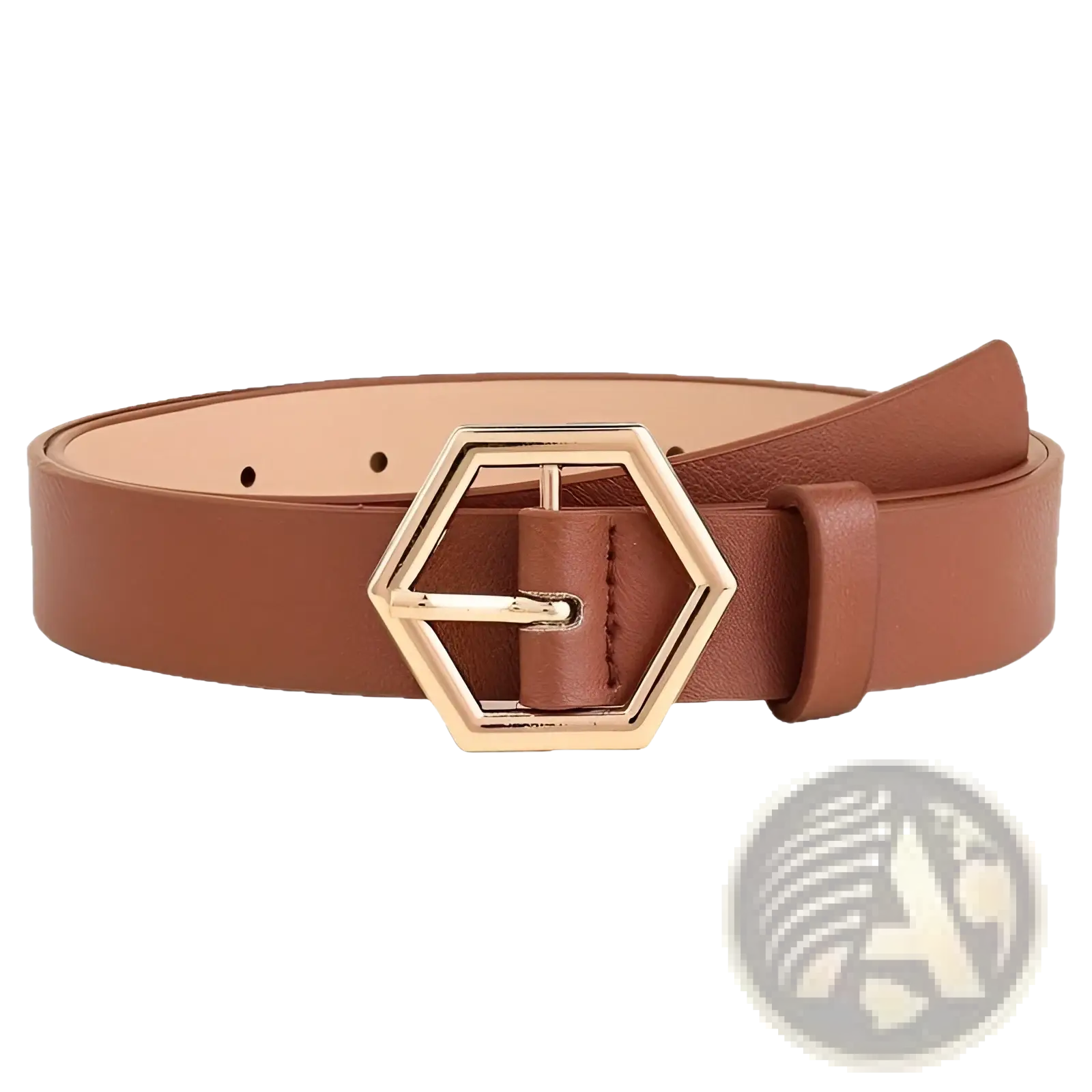 A tan pu leather women belt with a gold hexagonal buckle suitable for stylish accessorizing