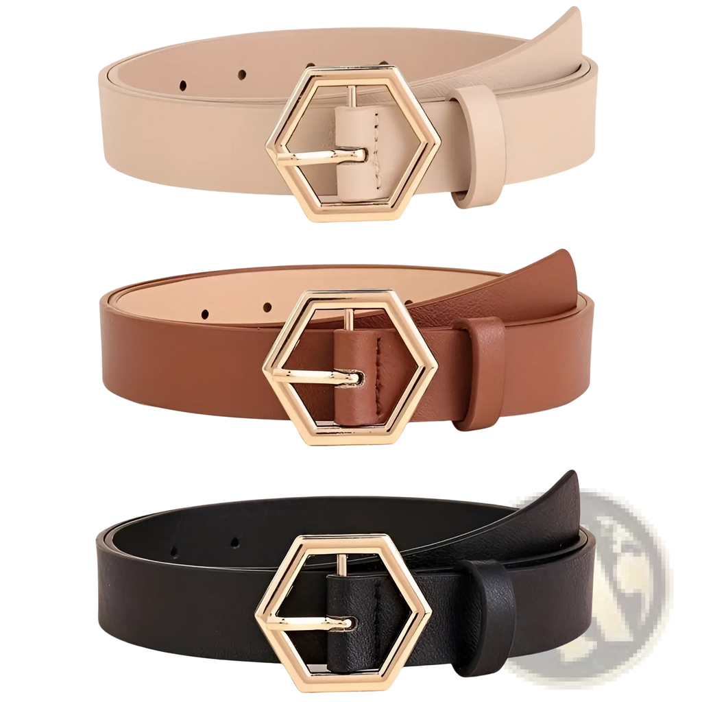 Women gold hexagon buckle pu leather belt set with beige brown and black leather straps and gold-tone buckles