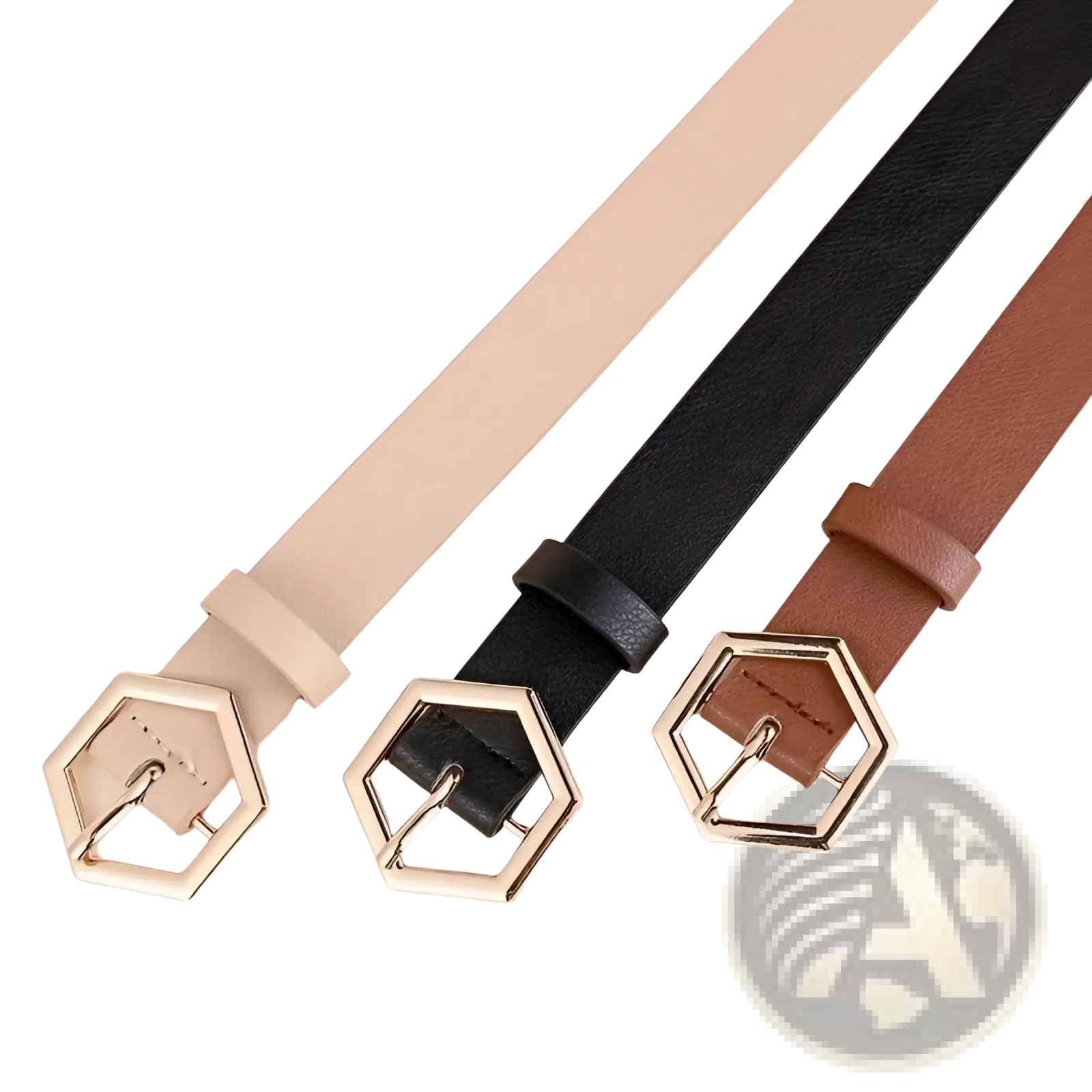 Women gold hexagon buckle pu leather belts in beige black and brown with slim silver-toned buckles
