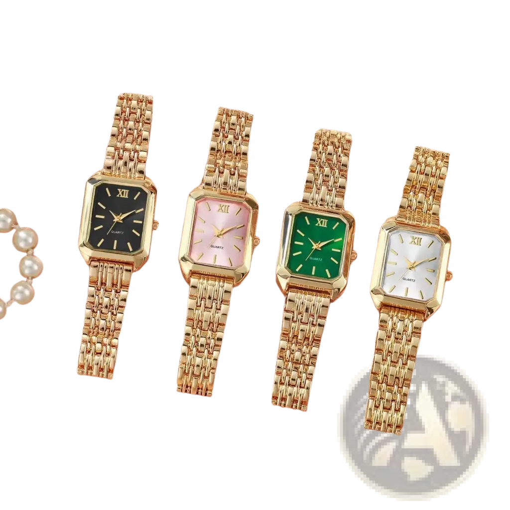 Women gold rectangle quartz watches with mesh straps and roman numeral dials in black pink green and white colors