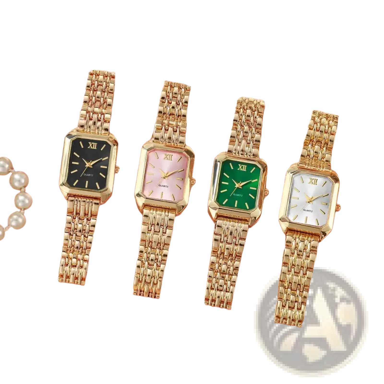 Women gold rectangle quartz watches with mesh straps and roman numeral dials in black pink green and white colors