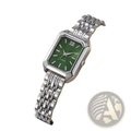 Women gold rectangle quartz watch with silver-toned case, deep green dial, roman numerals, and polished metal link bracelet