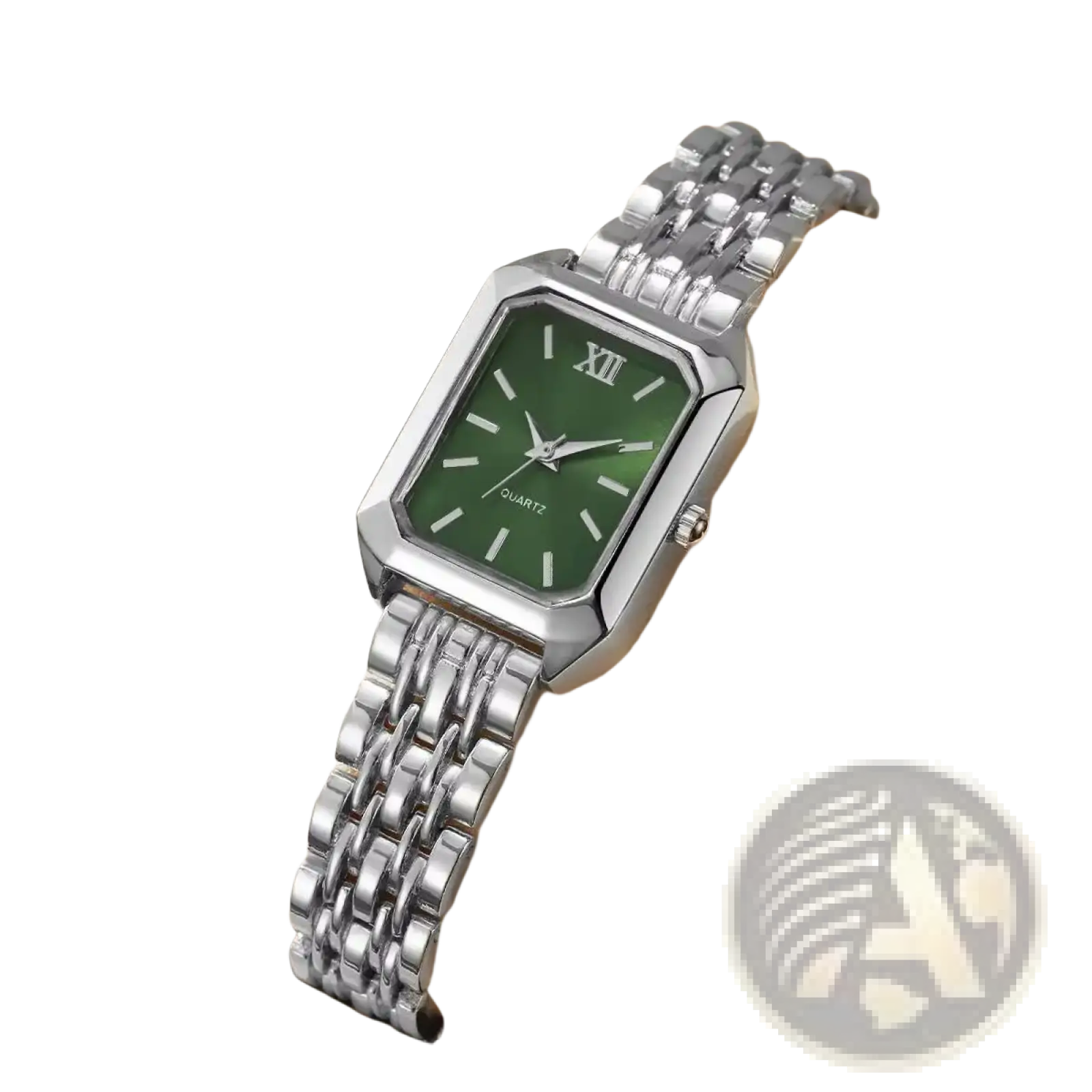 Women gold rectangle quartz watch with silver-toned case, deep green dial, roman numerals, and polished metal link bracelet