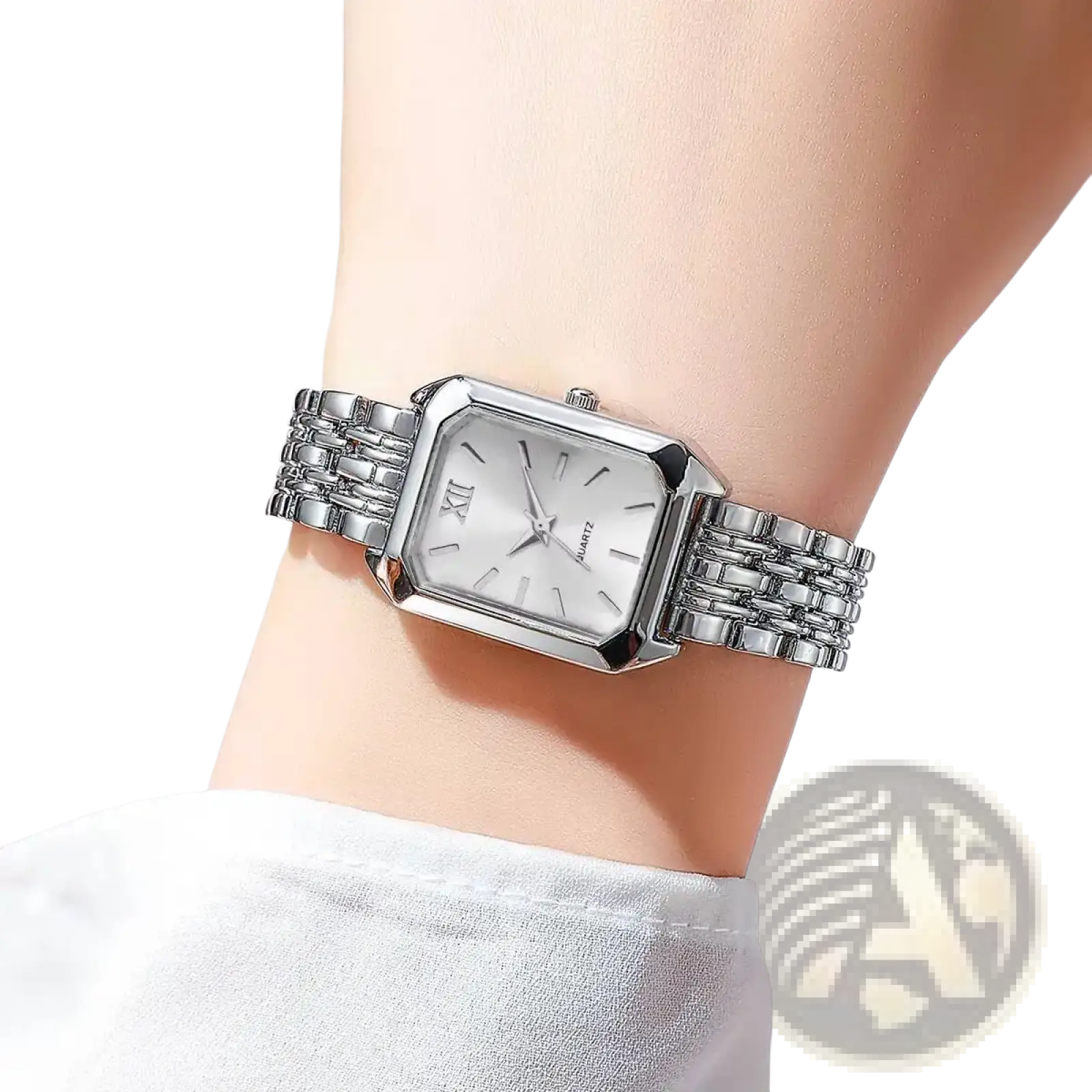Silver women gold rectangle quartz watch with sleek metallic mesh strap and minimalist dial featuring roman numerals