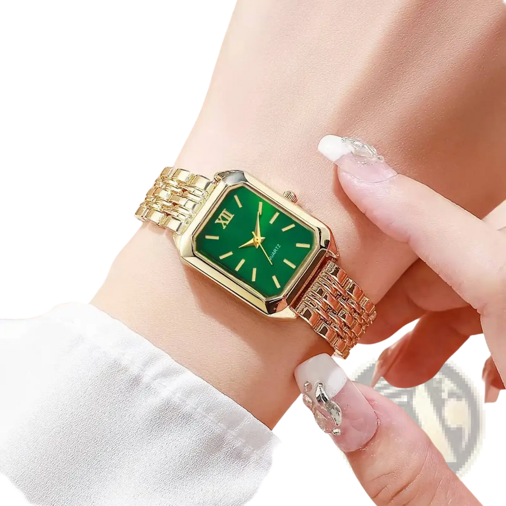 Women gold rectangle quartz watch with vibrant green face roman numerals and elegant gold mesh strap