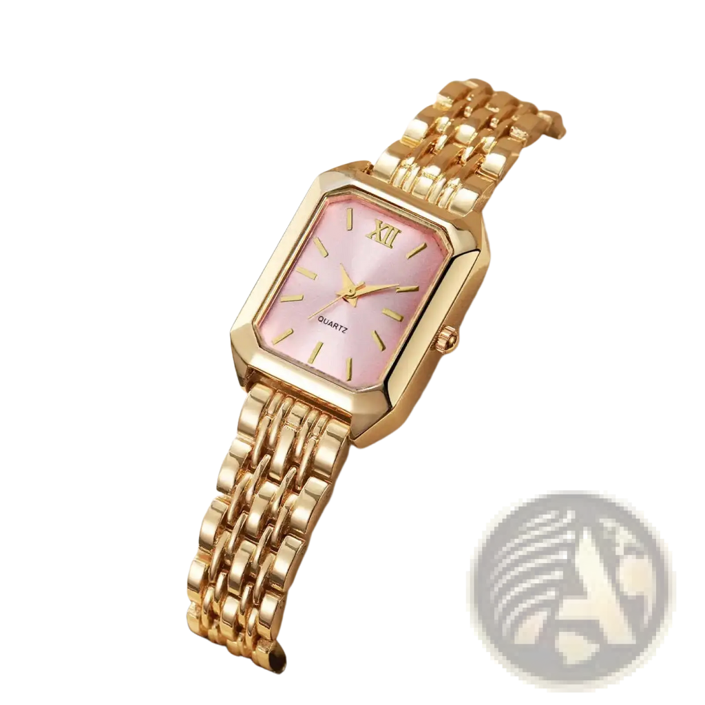 Women gold rectangle quartz watch with pink dial roman numerals and elegant gold mesh strap bracelet