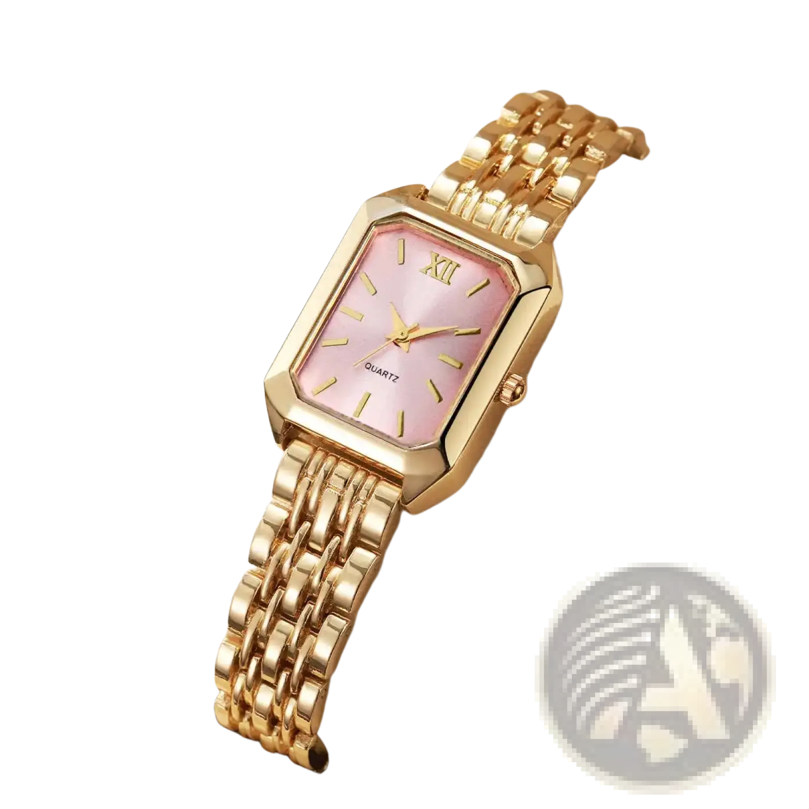 Women gold rectangle quartz watch with pink dial roman numerals and elegant gold mesh strap bracelet