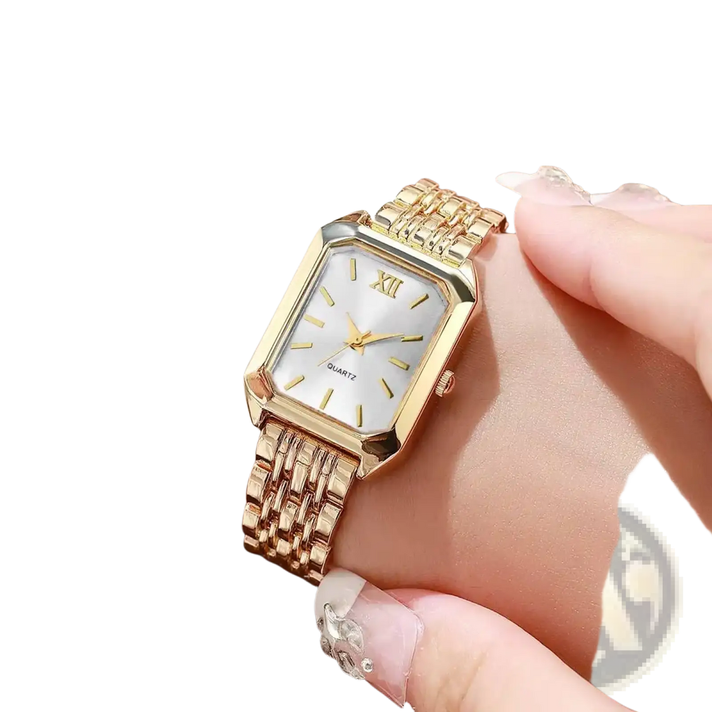 Women gold rectangle quartz watch with white dial roman numerals and elegant gold mesh strap for formal wear