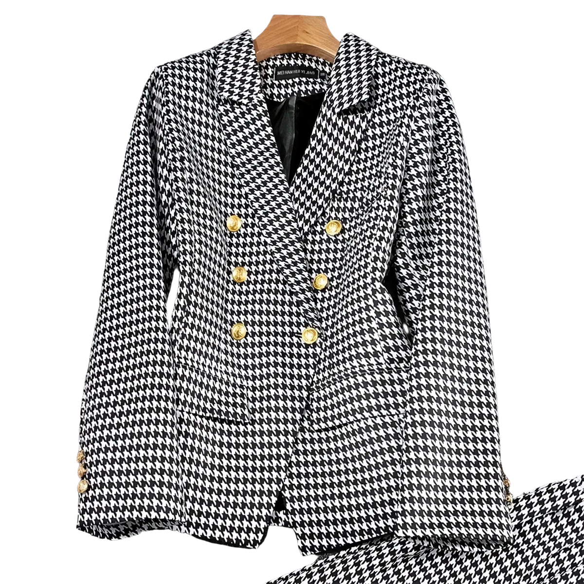 Women golden button casual blazer jacket in black and white houndstooth pattern with gold tone double breasted buttons