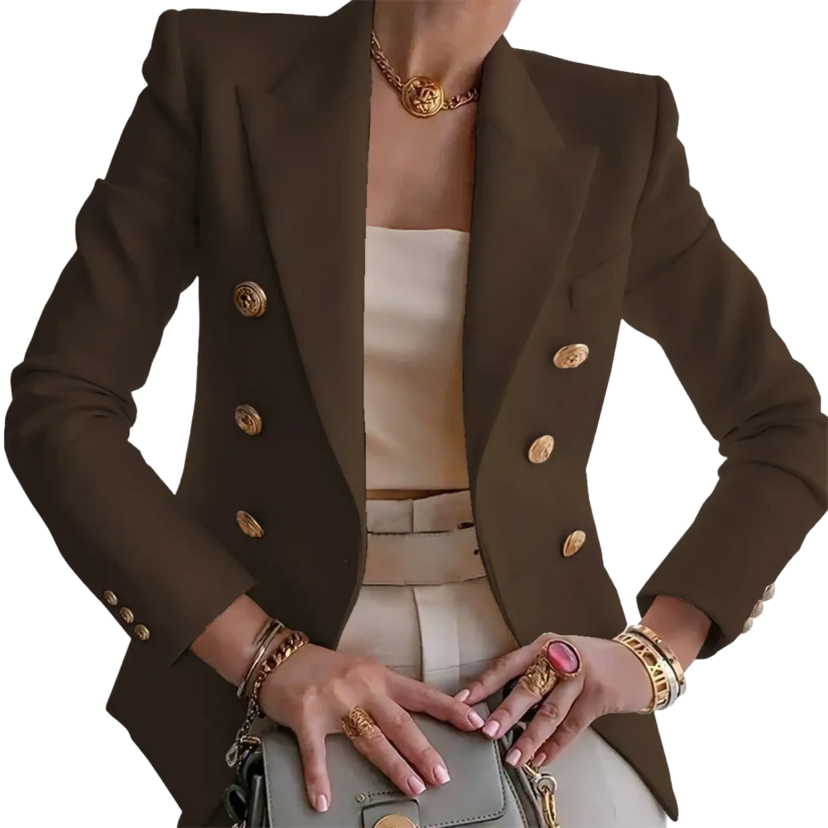 Brown double-breasted casual blazer jacket for women with gold-toned buttons and structured shoulders