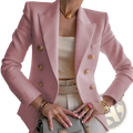 A sleek blush pink women’s casual double-breasted blazer jacket with gold-toned buttons and structured shoulders