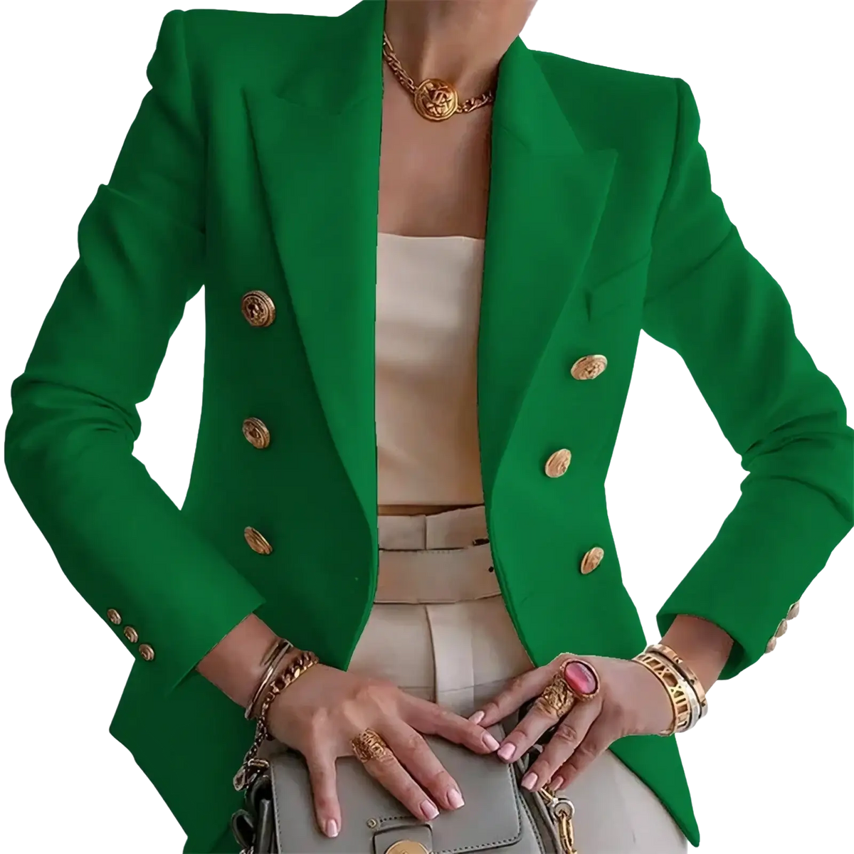Vibrant green women golden button casual double-breasted blazer jacket with gold-toned buttons and structured shoulders