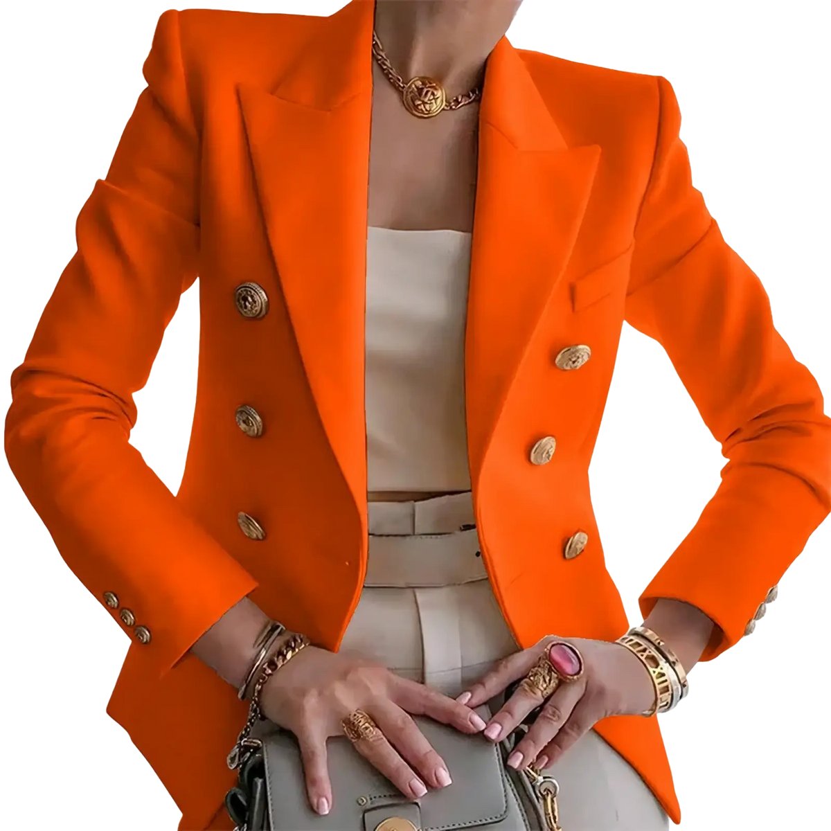 Vibrant orange women golden button casual double-breasted blazer jacket with gold-toned buttons and structured shoulders