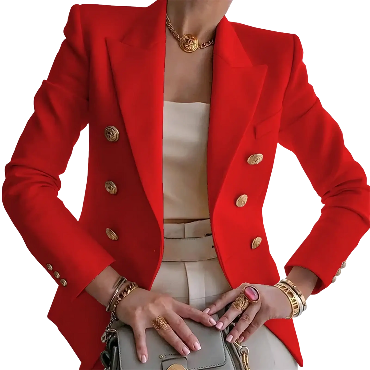 Vibrant red women casual blazer jacket with gold-toned buttons and structured shoulders in double-breasted design