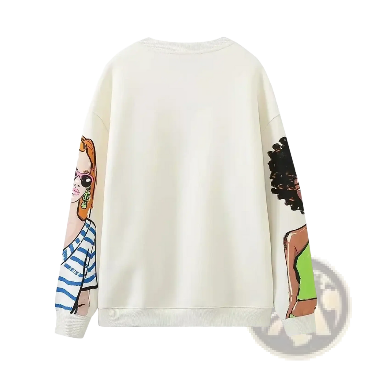 Cream-colored oversized fleece sweatshirt featuring vibrant cartoon illustrations of two women on each sleeve