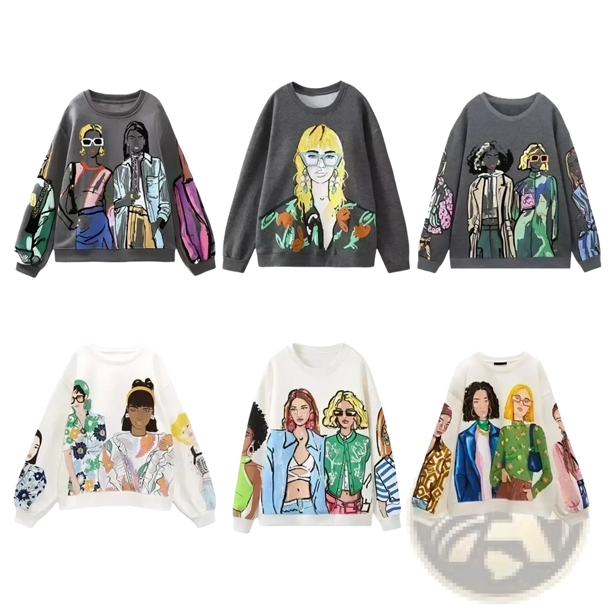 Gray and white oversized women graphic print fleece sweatshirts with vibrant illustrated portraits of diverse women