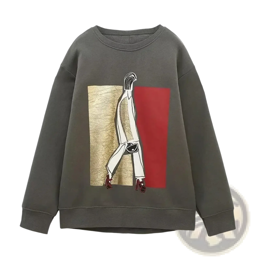 Olive green oversized fleece sweatshirt for women featuring a graphic of a figure in white pants and red heels