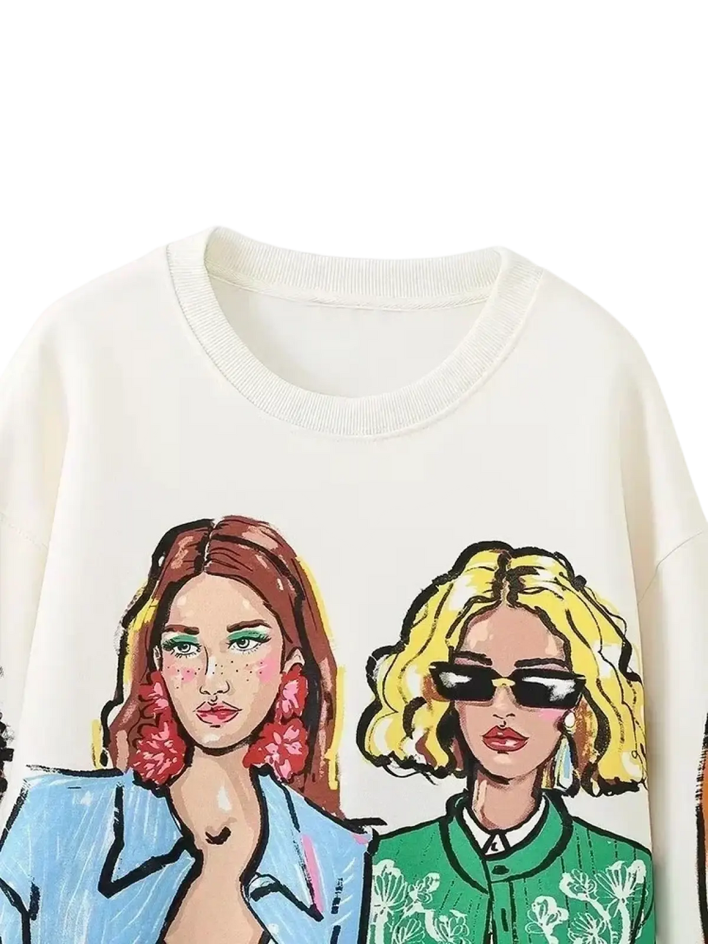 Off-white oversized women graphic print fleece sweatshirt with vibrant cartoon print of two stylized women