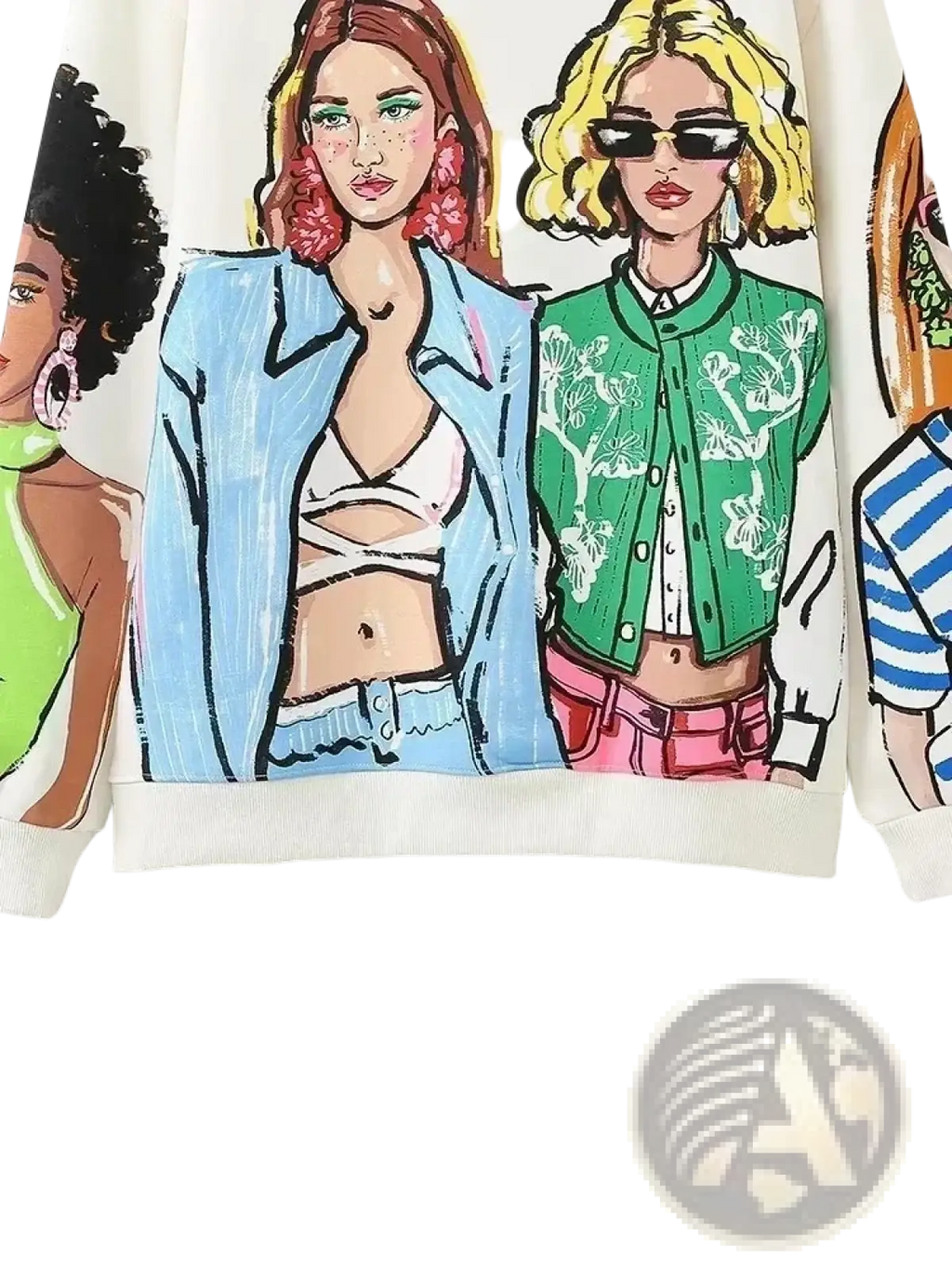 White fleece sweatshirt featuring a vibrant graphic print of three fashionably dressed women in bold colors