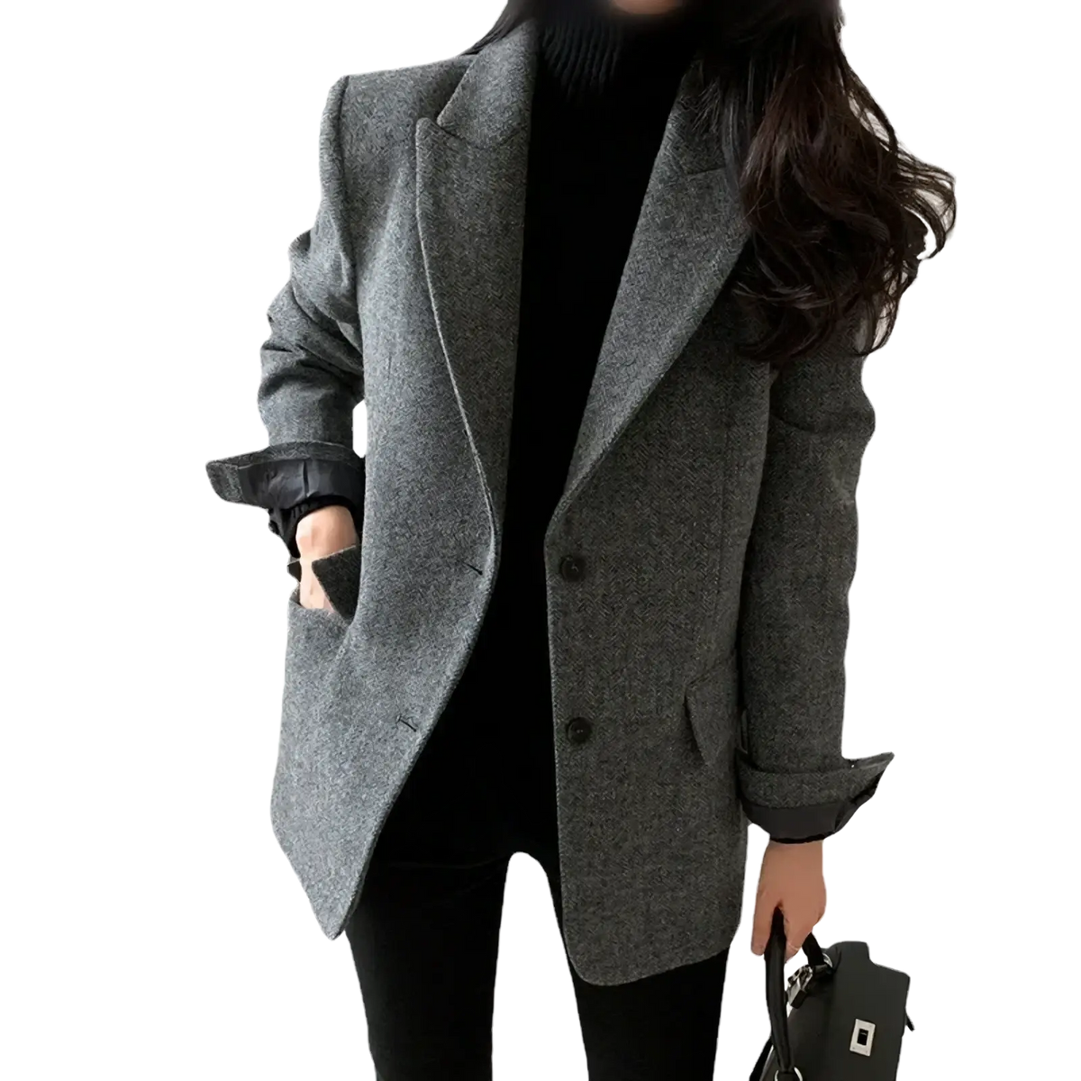 Women gray herringbone wool blend slim fit blazer with classic double breasted design and black button accents